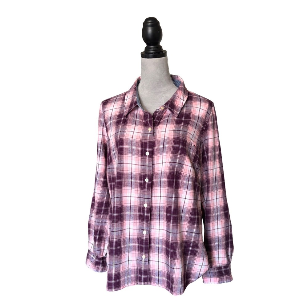 Tommy Hilfiger Womens XL Purple Pink Plaid Cotton Flannel Button Down Shirt